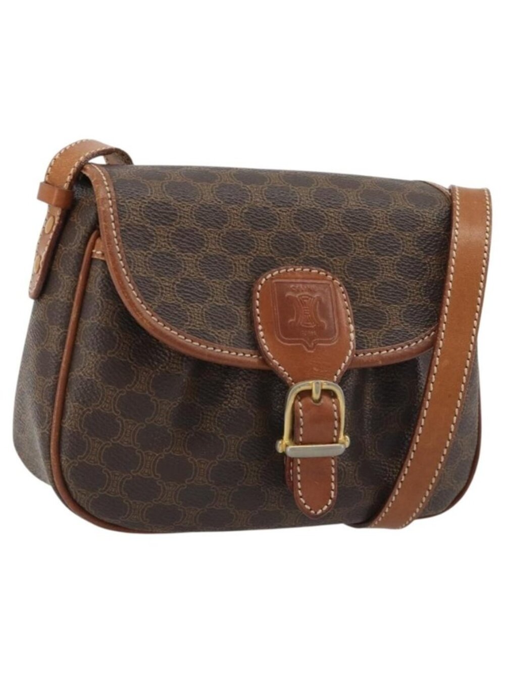 Authentic CELINE Macadam Canvas Shoulder Bag PVC Leather Brown Gold